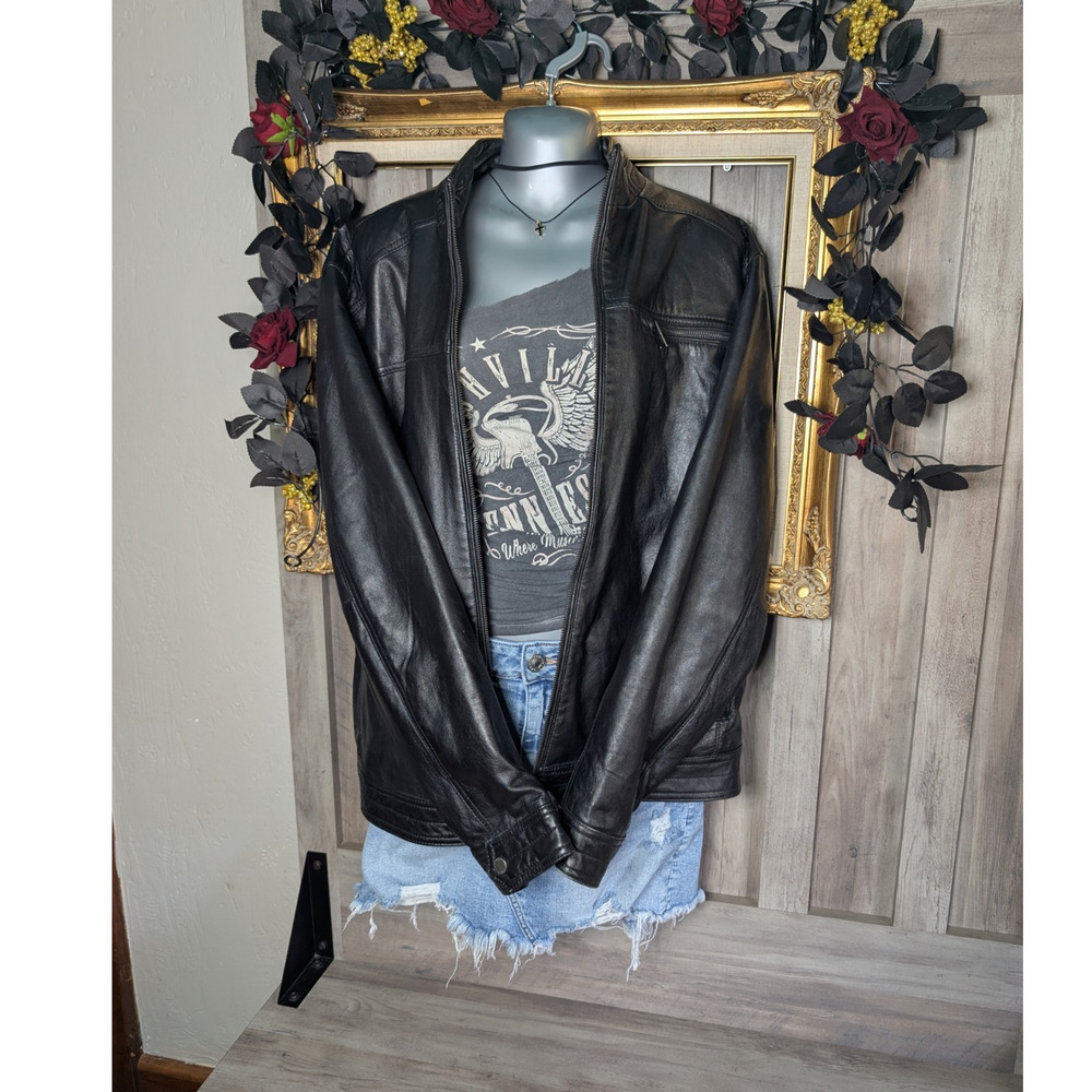Vintage Boston Harbour Leather Bomber Jacket Full Zip Pockets Black Size L